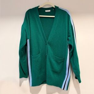 Sandro Green Cardigan with Blue and White Stripes